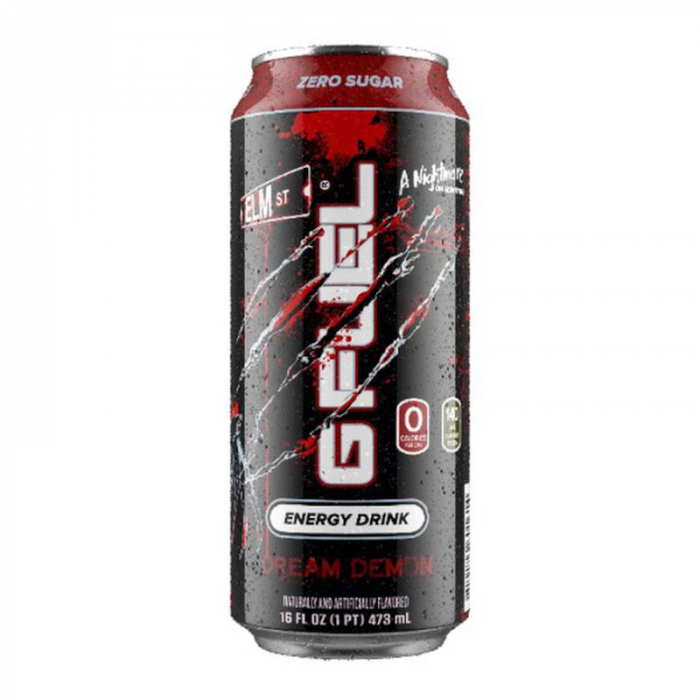 Front of G FUEL A Nightmare On Elm Street Dream Demon Fruit Punch Flavour Energy Drink can featuring bold graphics, red and black design, and highlighting 473ml.