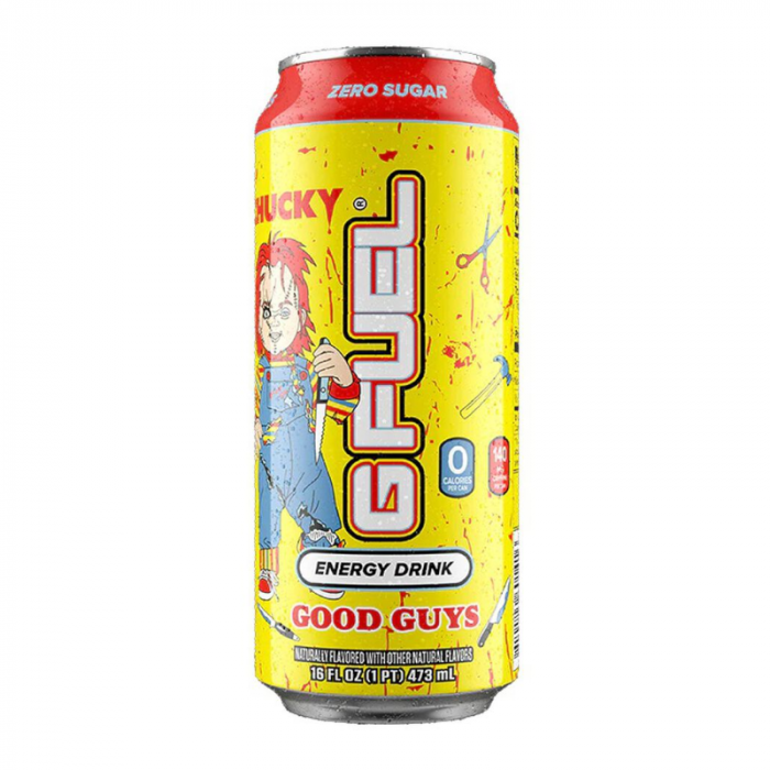 Front of G FUEL Chucky Good Guys Best Friends Berry Flavour Energy Drink can showing vibrant artwork, berry flavour text, and 473ml size.