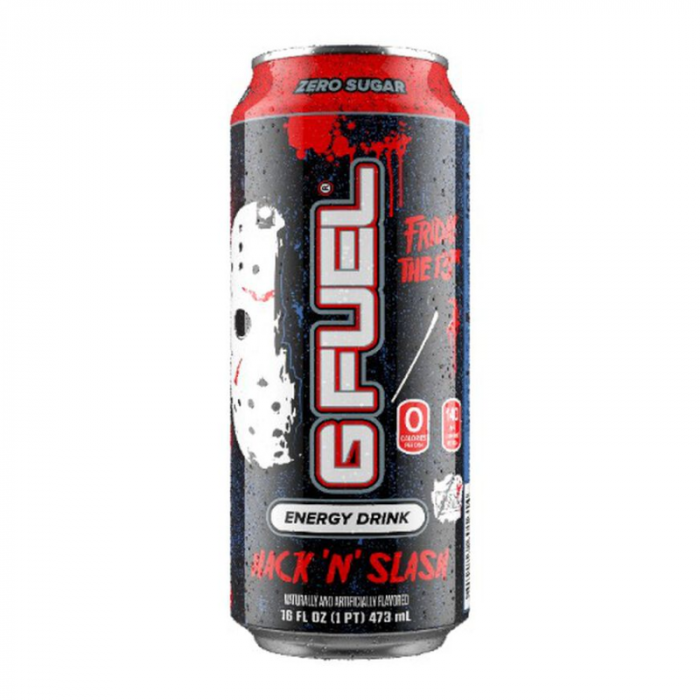 Front of G FUEL Friday The 13th Hack N' Slash Citrus Fruit Punch Flavour Energy Drink can (473ml) showing logo and vibrant graphics.