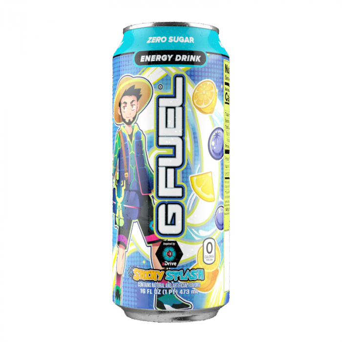 Front of G FUEL ADrive's Shiny Splash Blueberry Lemonade Flavour Energy Drink can showing blue and yellow design, logo, and pack size of 473ml.