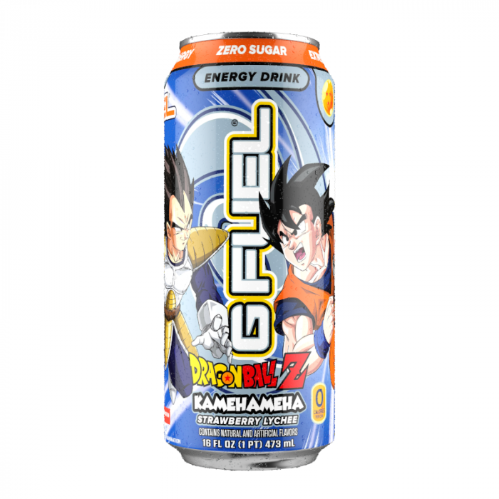 Front of G FUEL Dragonball Z Kamehameha Strawberry Lychee flavour energy drink can (473ml) featuring bright graphics and characters.