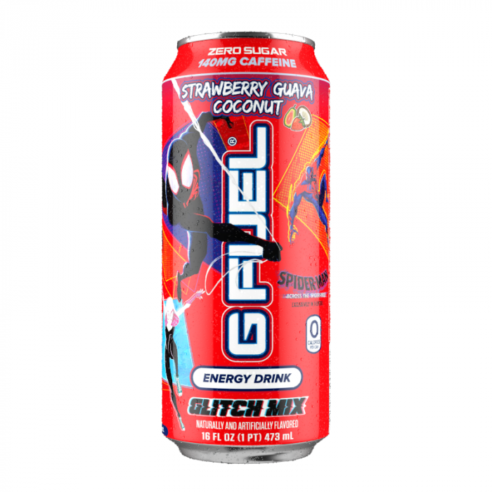 Front of G Fuel Spider-Verse Glitch Mix energy drink can showing bold logo, red strawberry guava flavour label, and Spider-Verse graphics (473ml can)