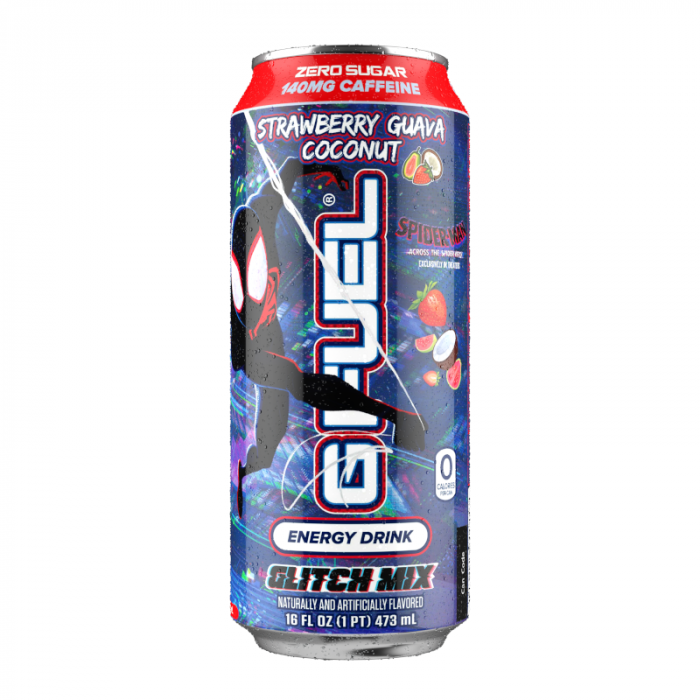 Front of G FUEL Spider-Verse Glitch Mix Energy Drink can showing vibrant design with Black Strawberry Guava flavour and 473ml volume.