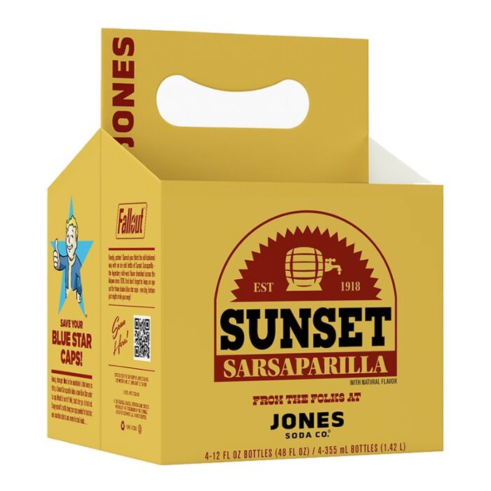 Front of Jones Soda Fallout Sunset Sarsaparilla 4 pack cardboard carrier with logo and vibrant graphics