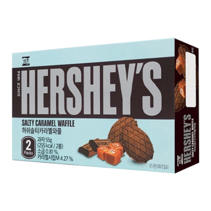 Front of Hershey's Salted Caramel Waffle box showing logo, waffle image, and caramel candies, with 55g pack information.