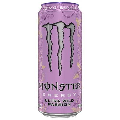 Front of Monster Ultra Passion Fruit can showing the logo, passion fruit design, and 473ml pack size.