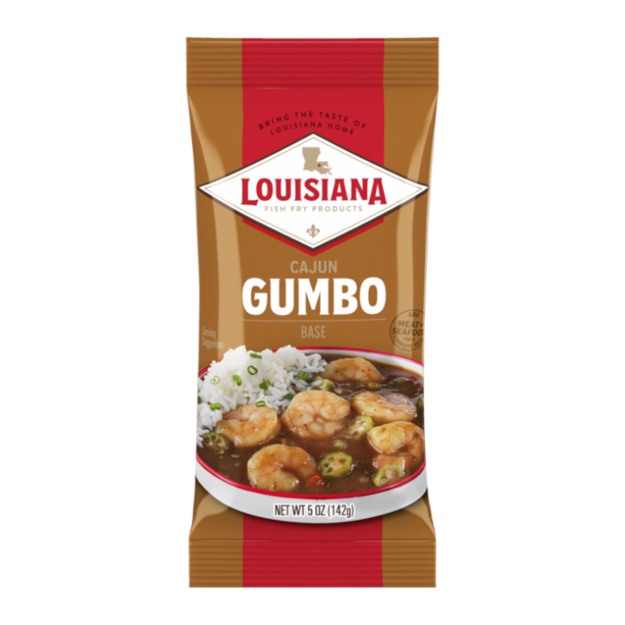 Front of Louisiana Cajun Gumbo Base package showing logo and image of gumbo with shrimp, rice, and vegetables (142g)