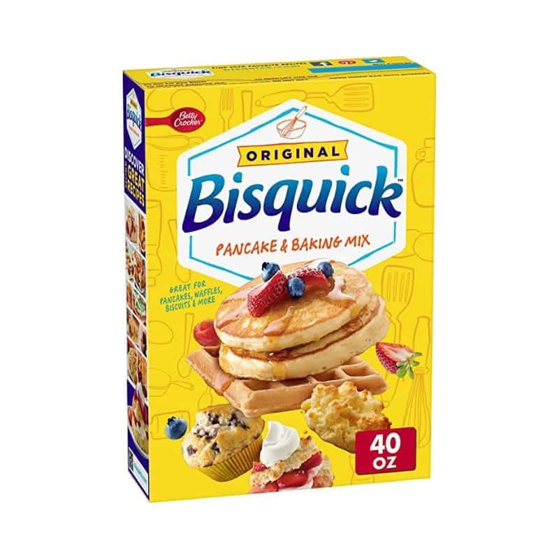 Front of Bisquick Original Pancake & Baking Mix box featuring yellow packaging with logo, image of pancakes, and various baked goods (1.13kg pack)