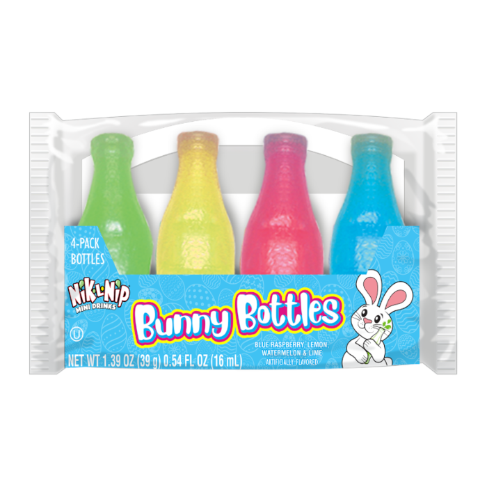 Front of Nik-L-Nip Easter Bunny Wax Bottles 4-Pack showing colourful wax bottles and label with bunny character and flavour details