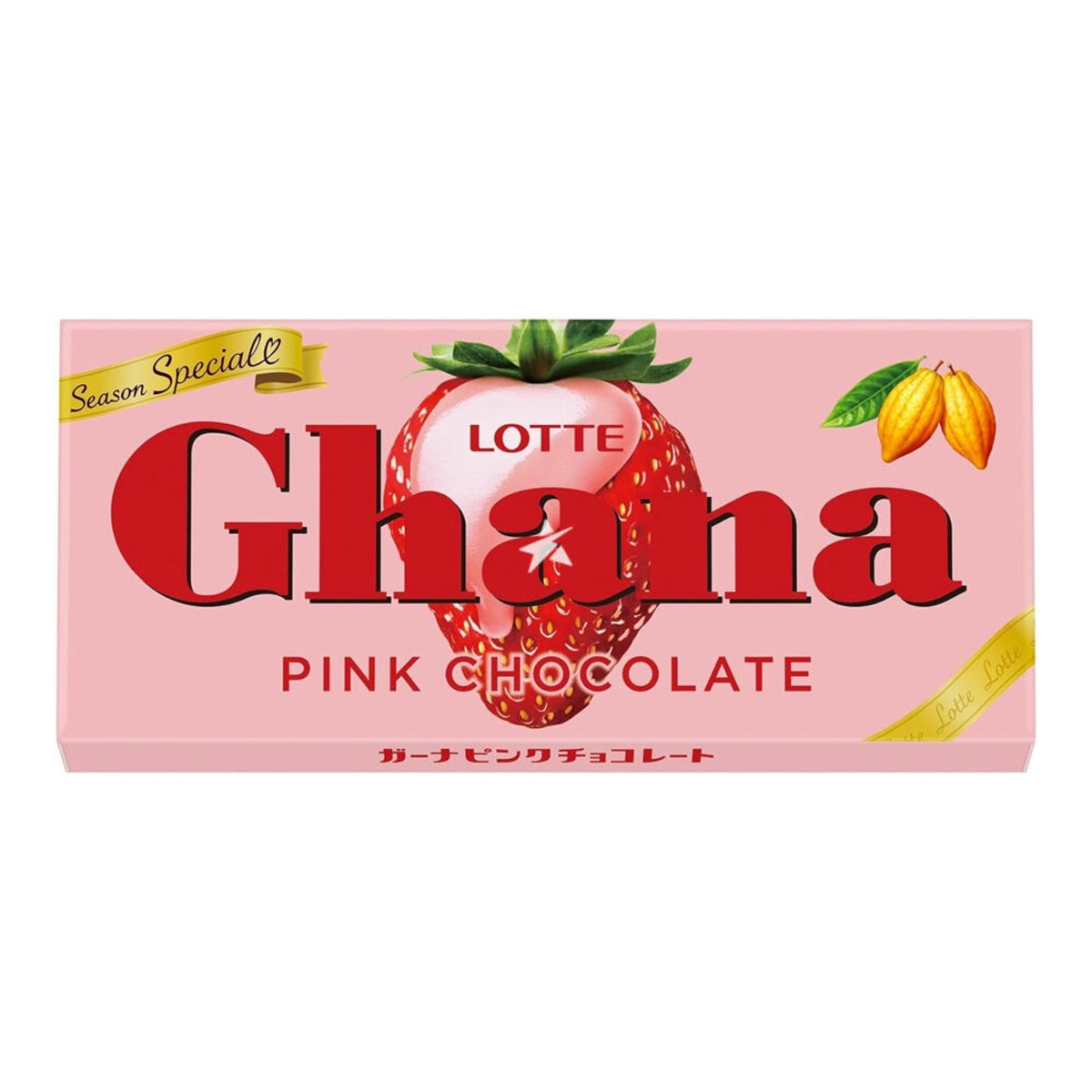 Front of Lotte Ghana Pink Chocolate box showing vibrant pink packaging with strawberry illustration and logo (45g pack)
