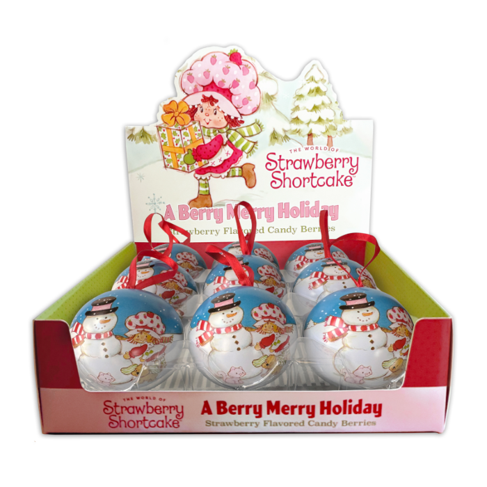 Front of Strawberry Shortcake Berry Merry Christmas Bauble showing festive design, strawberry flavour, and 42g pack size