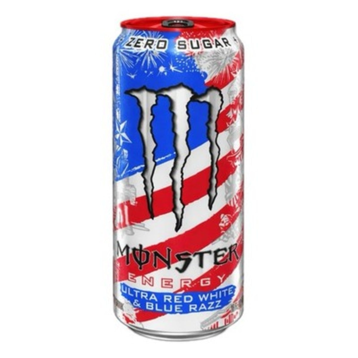 Front of Monster Energy Ultra Red White & Blue can showing vibrant red, white, and blue design with logo and 473ml pack size