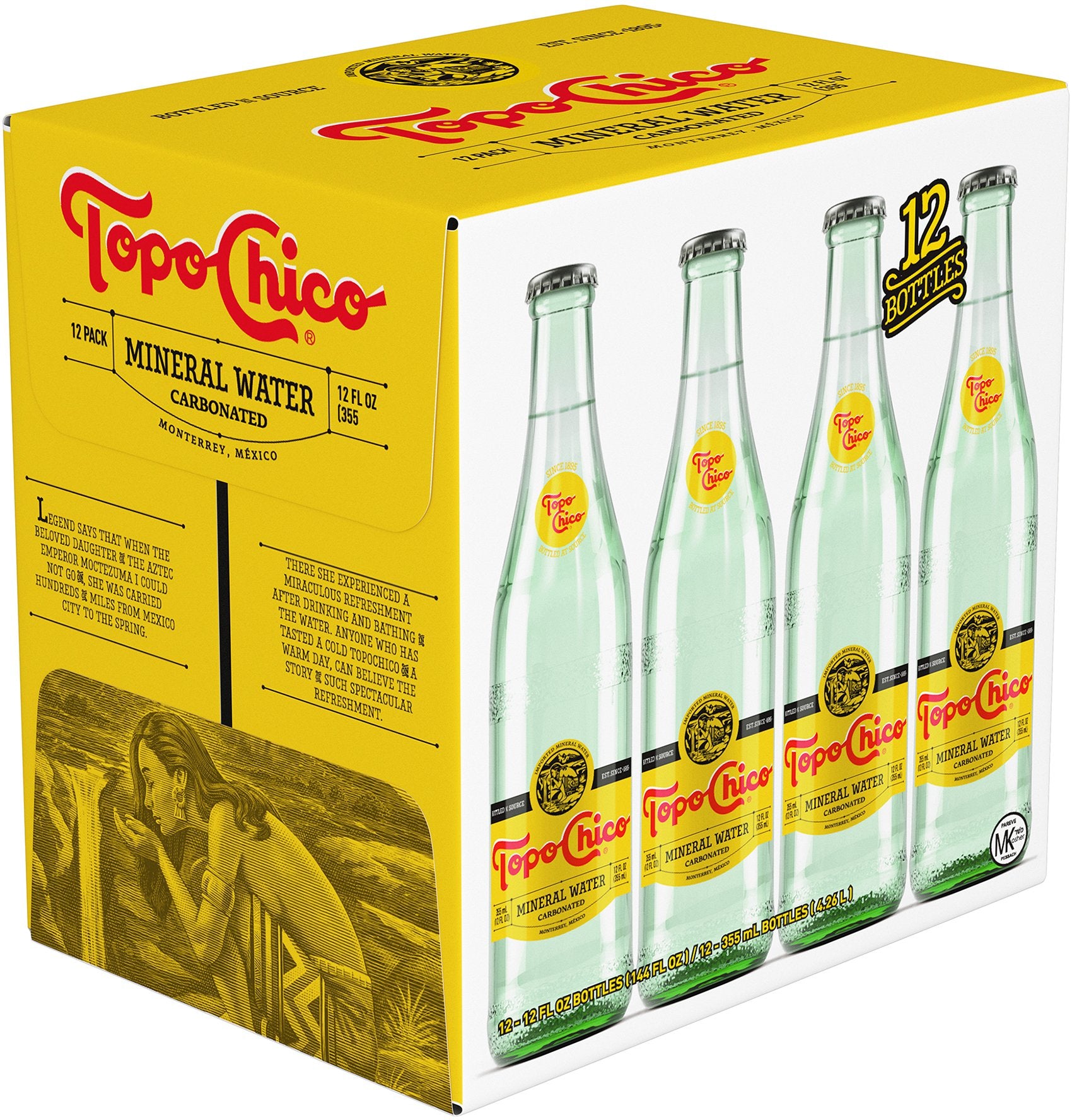 Front label of Topo Chico Sparkling Mineral Water (355ml) 12 Pack, displaying flavour and branding.