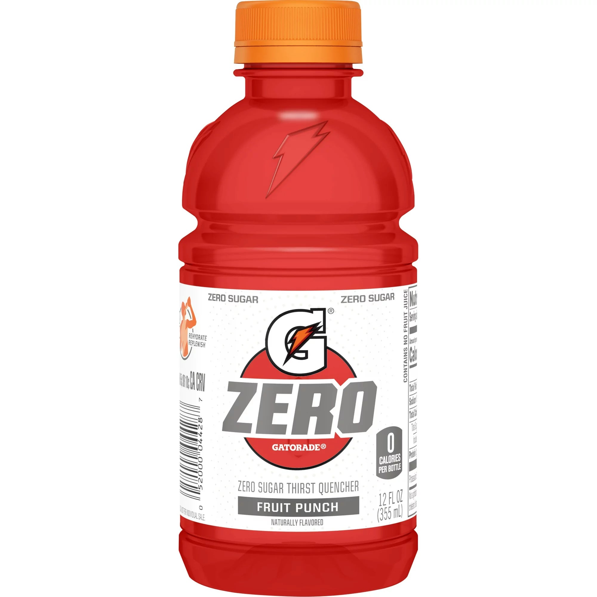 Front of Gatorade Zero Fruit Punch bottle featuring bright red colour, zero sugar label, and 355ml pack size