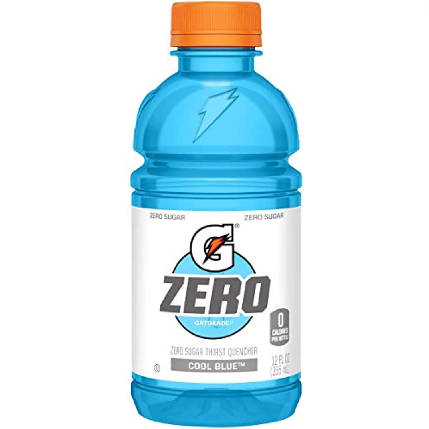 Front of Gatorade Zero Cool Blue bottle featuring blue label, zero sugar claim, and 355ml size.