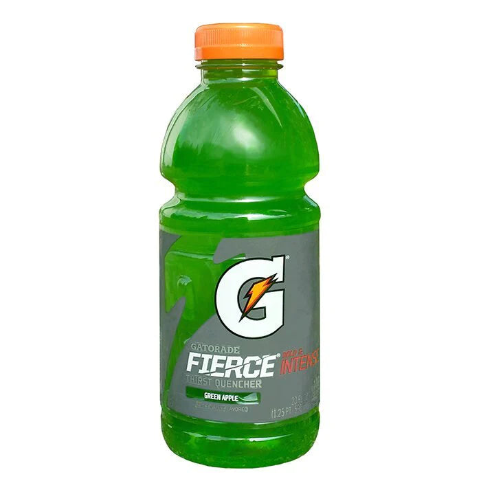 Front of Gatorade Green Apple bottle featuring the Gatorade logo, vibrant green apple label, and 591ml size indication.