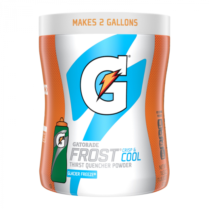 Front of Gatorade Frost Powder Mix Glacier Freeze container showing blue logo, Glacier Freeze flavour, and 521g pack size (makes 7.5 litres)