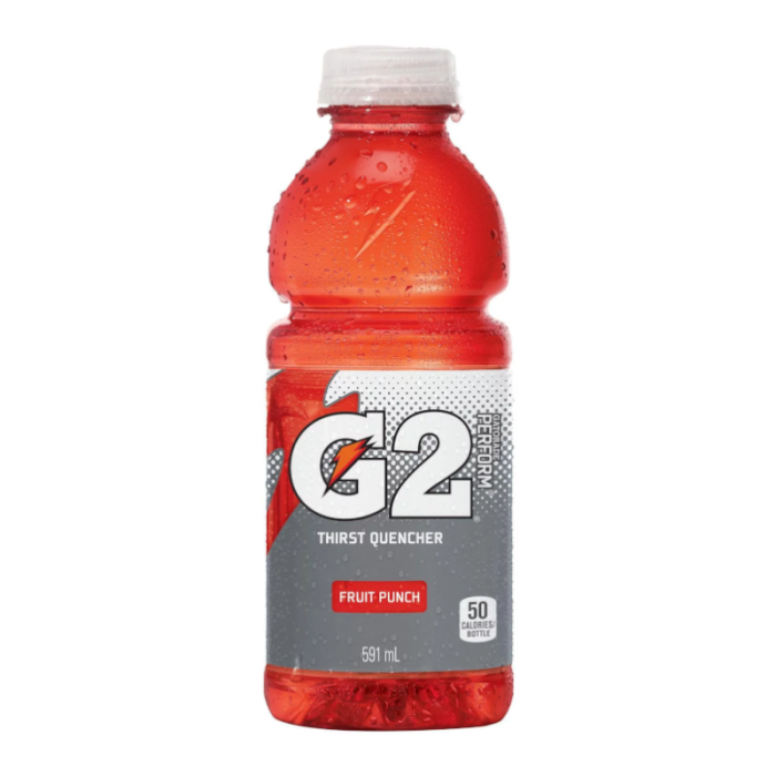 Front of Gatorade G2 Fruit Punch bottle showing logo, thirst quencher text, and fruit punch label (591ml pack)
