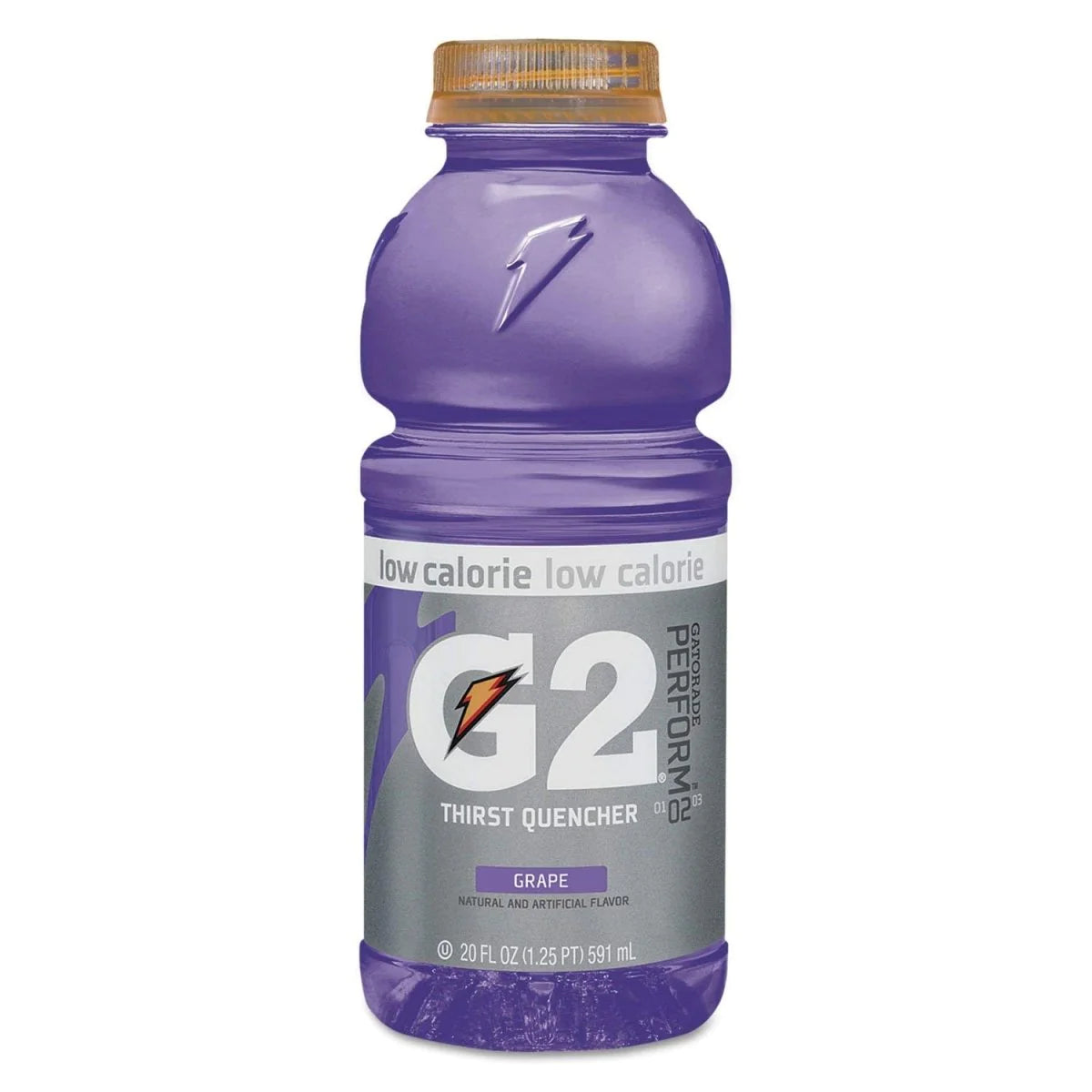 Front of Gatorade G2 Grape bottle showing logo with grape flavour label and low calorie text (591ml pack)