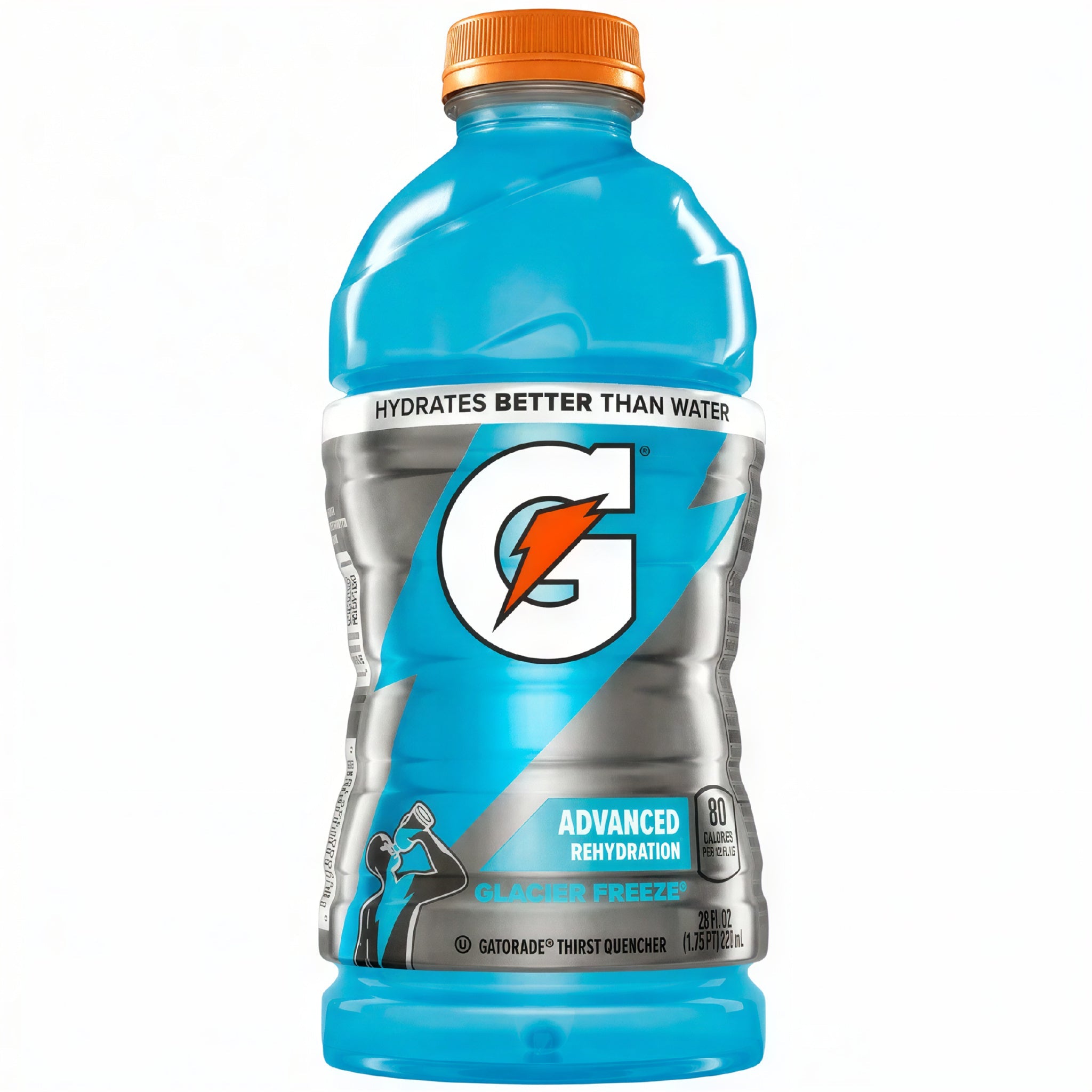 A 20 fl oz bottle of Gatorade Thirst Quencher in Glazed Freeze flavor, featuring a bright blue liquid, a silver and blue label with the iconic G logo, and an orange cap, set against a plain white background.