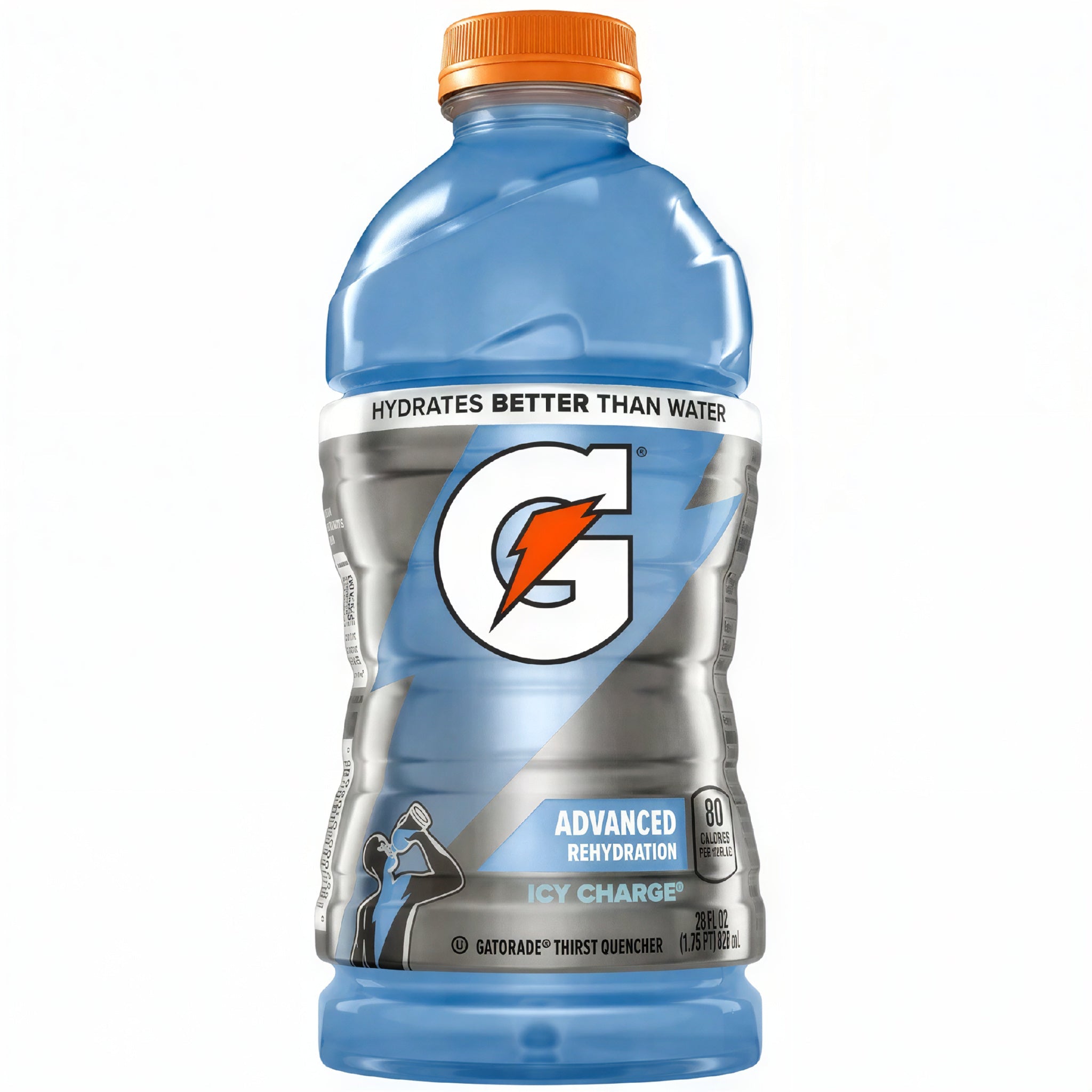 A 28 fl oz bottle of Gatorade Icy Charge sports drink, featuring a blue translucent bottle, an orange cap, and a silver and blue label with the white and orange G logo.