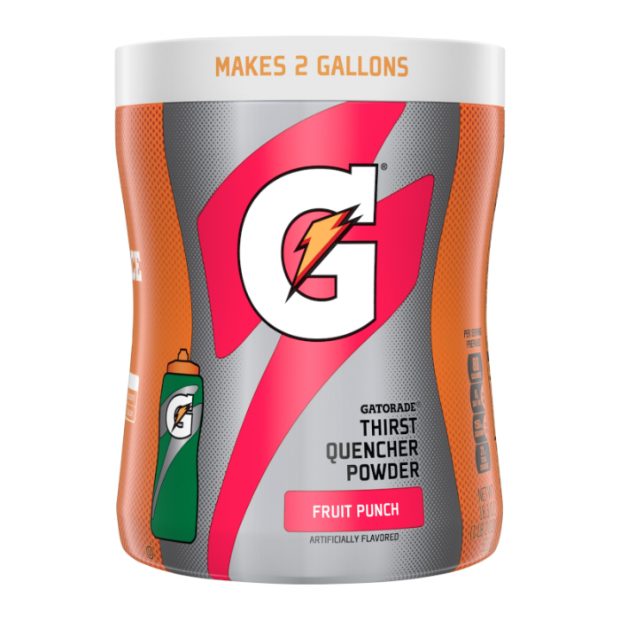 Front of Gatorade Thirst Quencher Powder Mix container showing bold logo, fruit punch flavour, and pack size (521g)