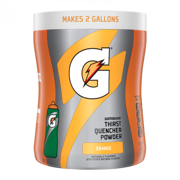 Front of Gatorade Thirst Quencher Powder Mix Orange container showing logo, product name, orange flavour, and 521g details