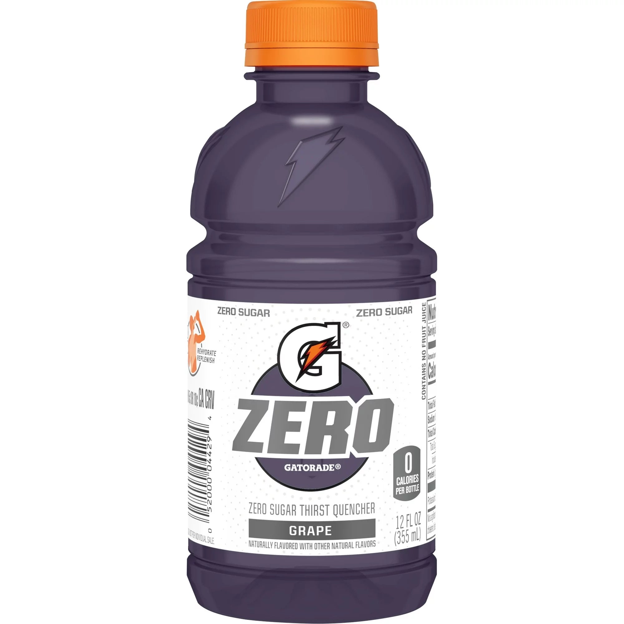 Front of Gatorade Zero Grape bottle featuring the Gatorade logo, zero sugar label, and grape flavour text (355ml pack)