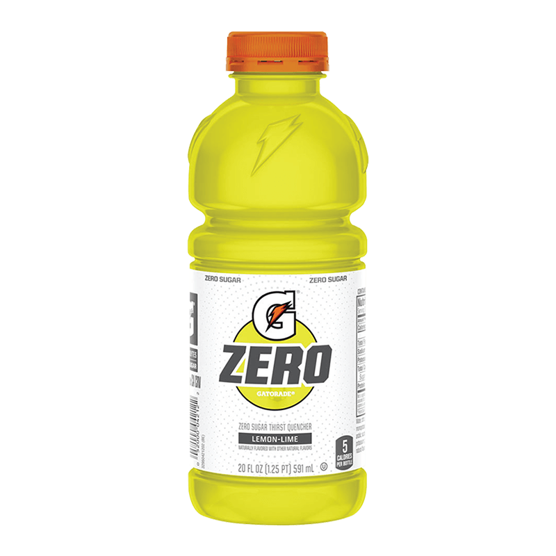 Front of Gatorade Zero Lemon Lime bottle showing bright lemon-lime drink with logo and thirst quencher label (591ml)