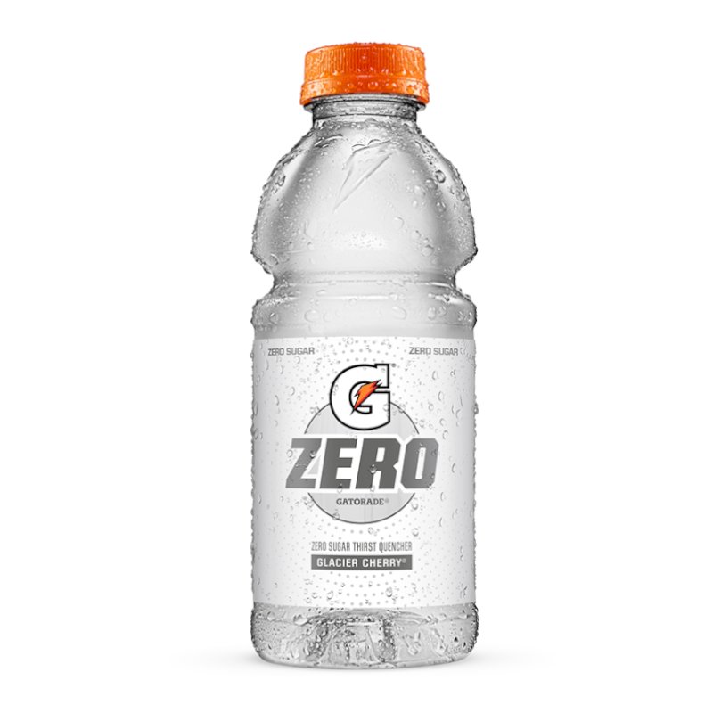 Front of Gatorade Zero Glacier Cherry bottle showcasing the logo, flavour details, and 591ml pack size.