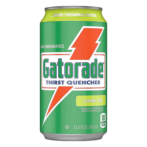 Front of Gatorade Lemon Lime Limited Throwback Edition can showing brand logo, lemon-lime flavour label, and vibrant green design (343ml can)