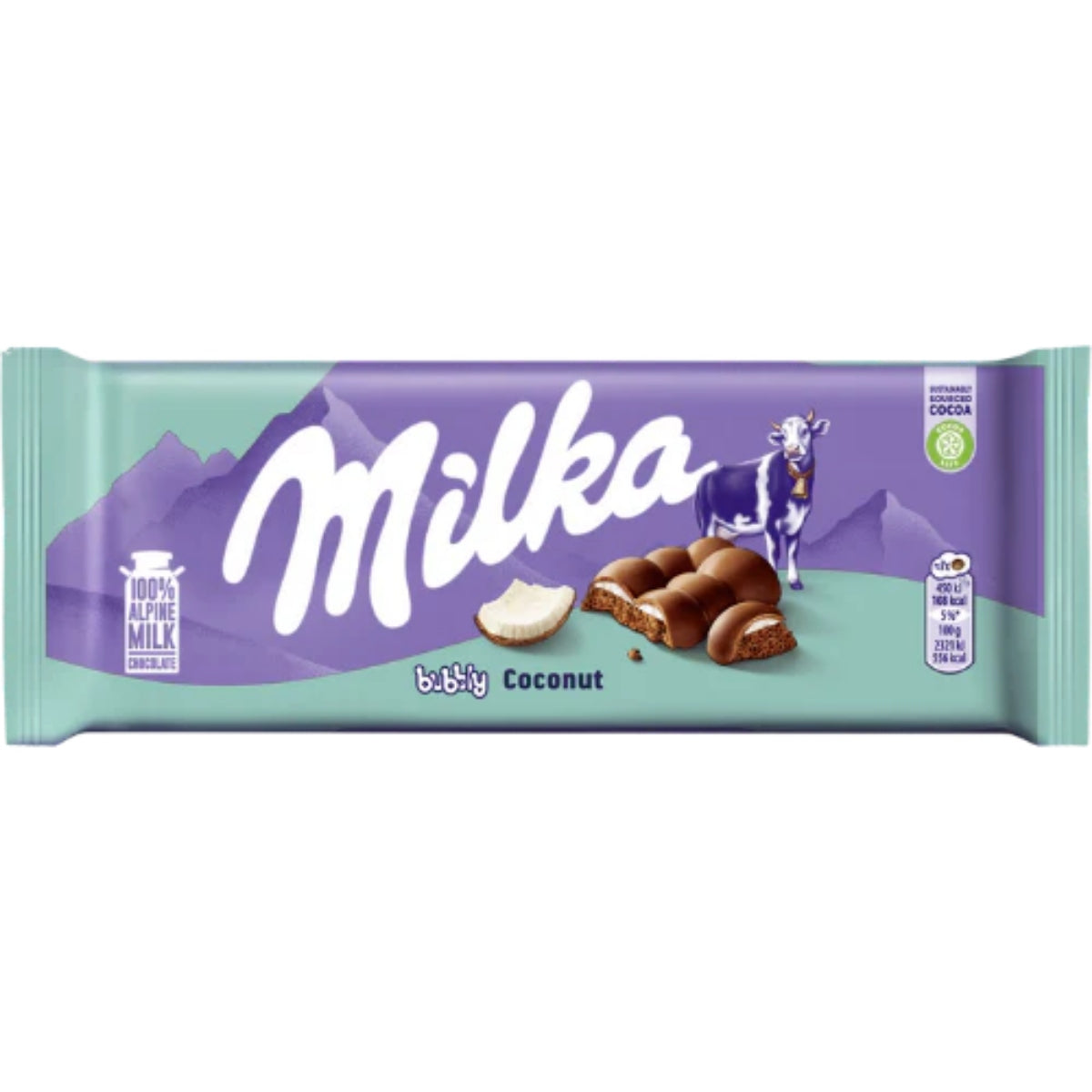 Front of Milka Bubbly Coconut Cream 97g bar showing the logo, chocolate and coconut imagery.