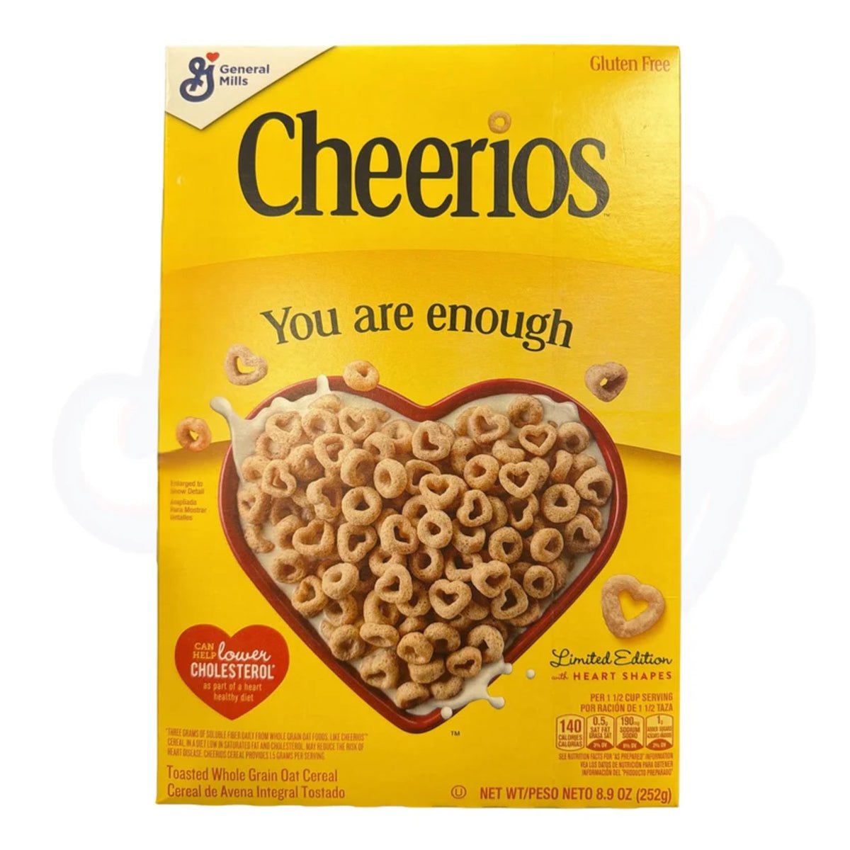 Front of General Mills Cheerios Original box showing logo, heart-shaped cereal, and "You are enough" label (252g pack)