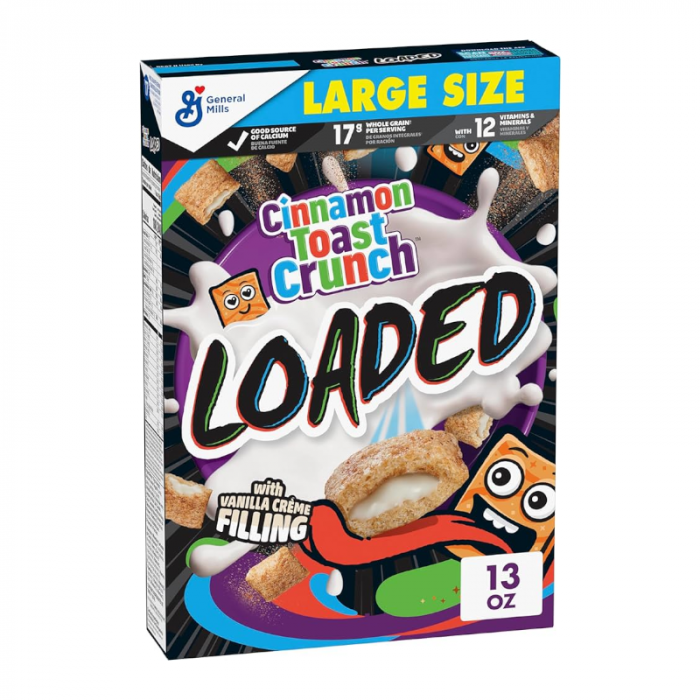 Front of Cinnamon Toast Crunch Loaded Cereal box showing bright logo, vanilla crème filling mention, and fun cereal shapes (358g pack)