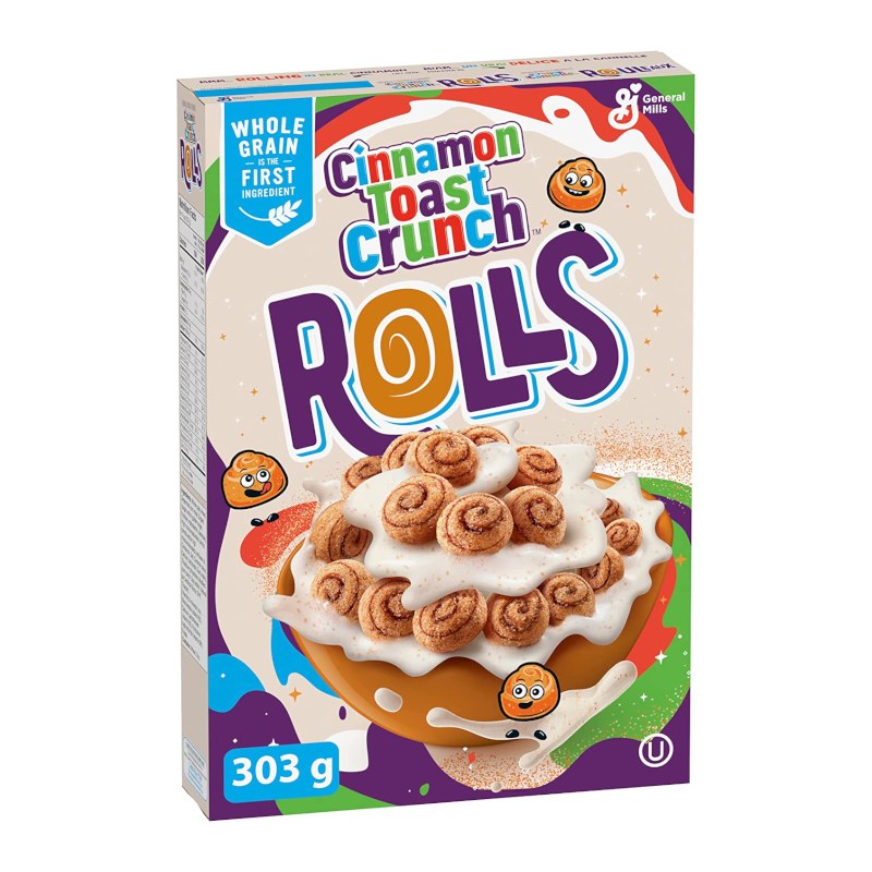 Front of Cinnamon Toast Crunch Rolls Cereal box showing colourful logo, sweet cinnamon rolls in a bowl, and pack size of 303g