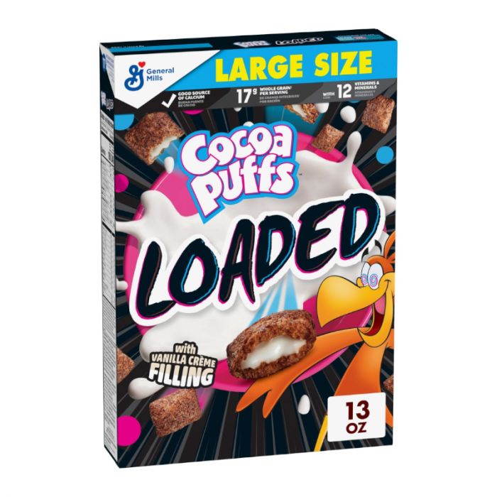 Front of Cocoa Puffs Loaded Cereal box featuring bold logo, with vanilla crème filling label and an image of chocolate cereal on the pack (358g).