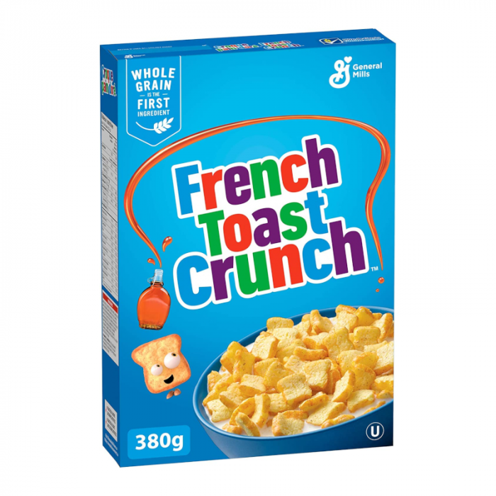 Front of French Toast Crunch Cereal box showing blue background, logo, sweet cinnamon cereal pieces in a bowl, and 380g pack.
