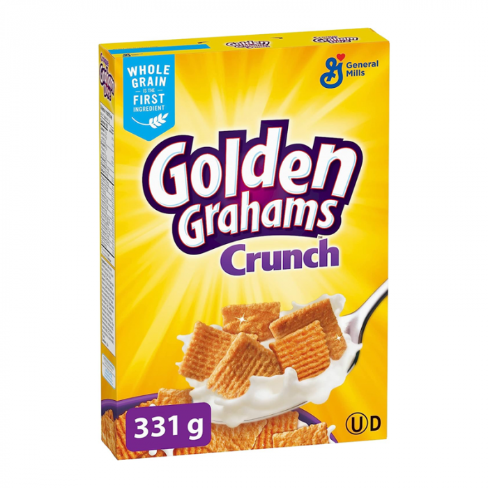 Front of Golden Grahams Crunch Cereal box showing bold yellow packaging, brand logo, and cereal pieces with cream (331g pack)