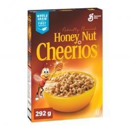 Front of General Mills Honey Nut Cheerios box featuring the brand logo, honey nut flavour, and a bowl of cereal (292g pack)