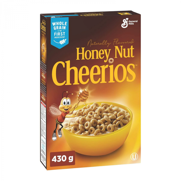 Front of General Mills Honey Nut Cheerios box featuring logo, cereal in a bowl, honey and nut imagery, and pack size of 430g