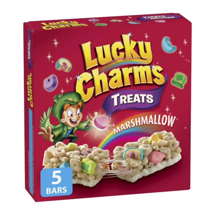 Front of Lucky Charms Treats Cereal Bar box showing colourful marshmallow imagery, logo, and 5 pack of cereal bars (120g)