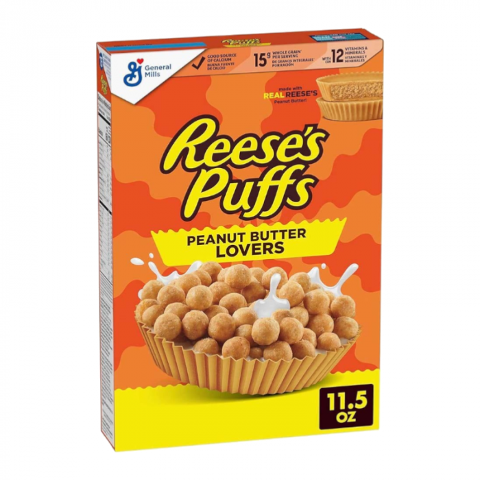 Front of Reeses Puffs Peanut Butter Lovers Cereal box showing vibrant orange design with the brand logo, cereal shape, and pack size of 326g