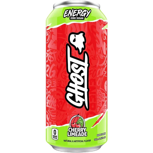 Front of Ghost Cherry Limeade Energy Drink can showing vibrant red and green design, logo, and flavour details (473ml)