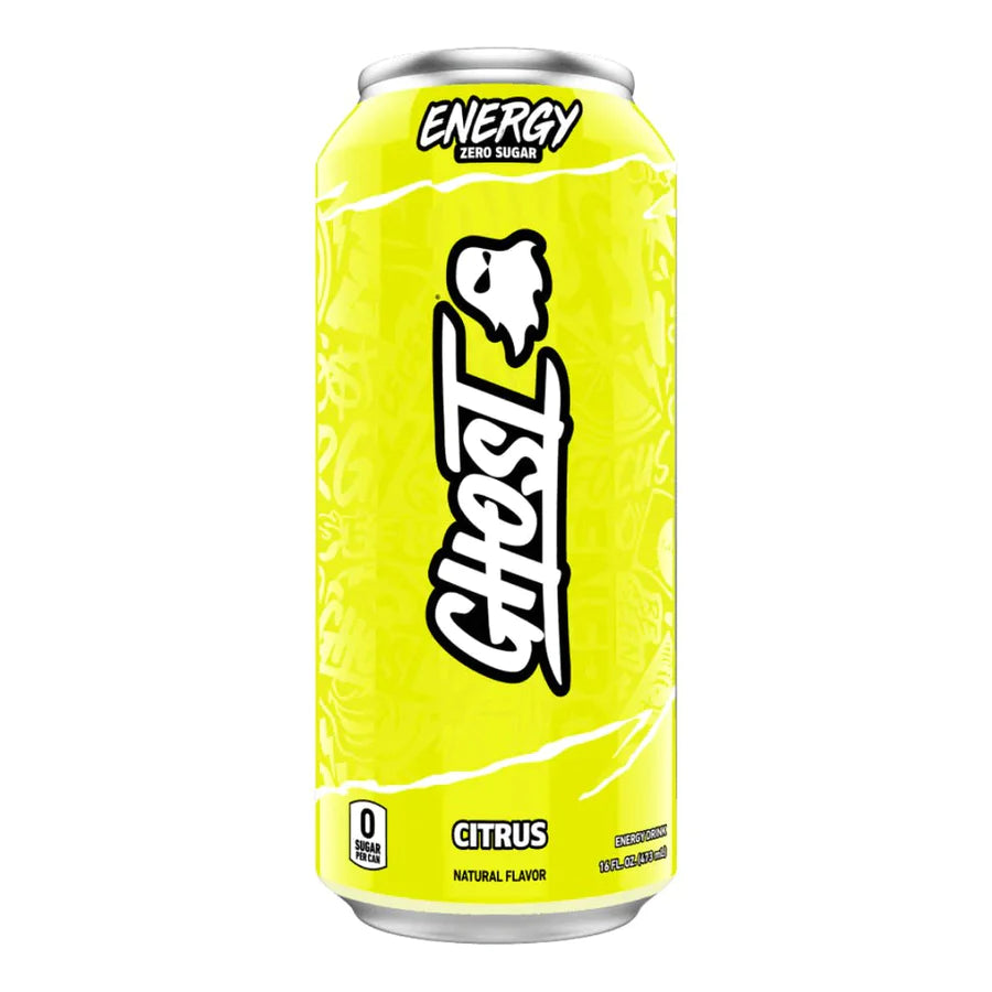 Front of Ghost Citrus Energy Drink can featuring vibrant yellow design, citrus flavour label, and bold logo (473ml)
