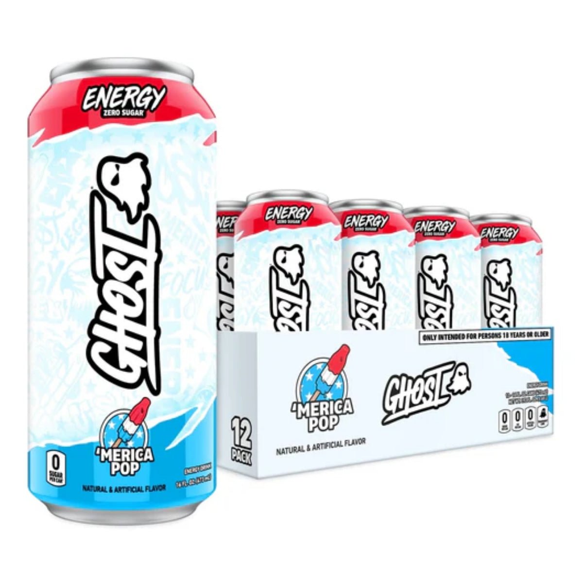 Front of Ghost Energy 'Merica Pop can and packaging showing logo, flavour details, and 12 pack size (473ml each)