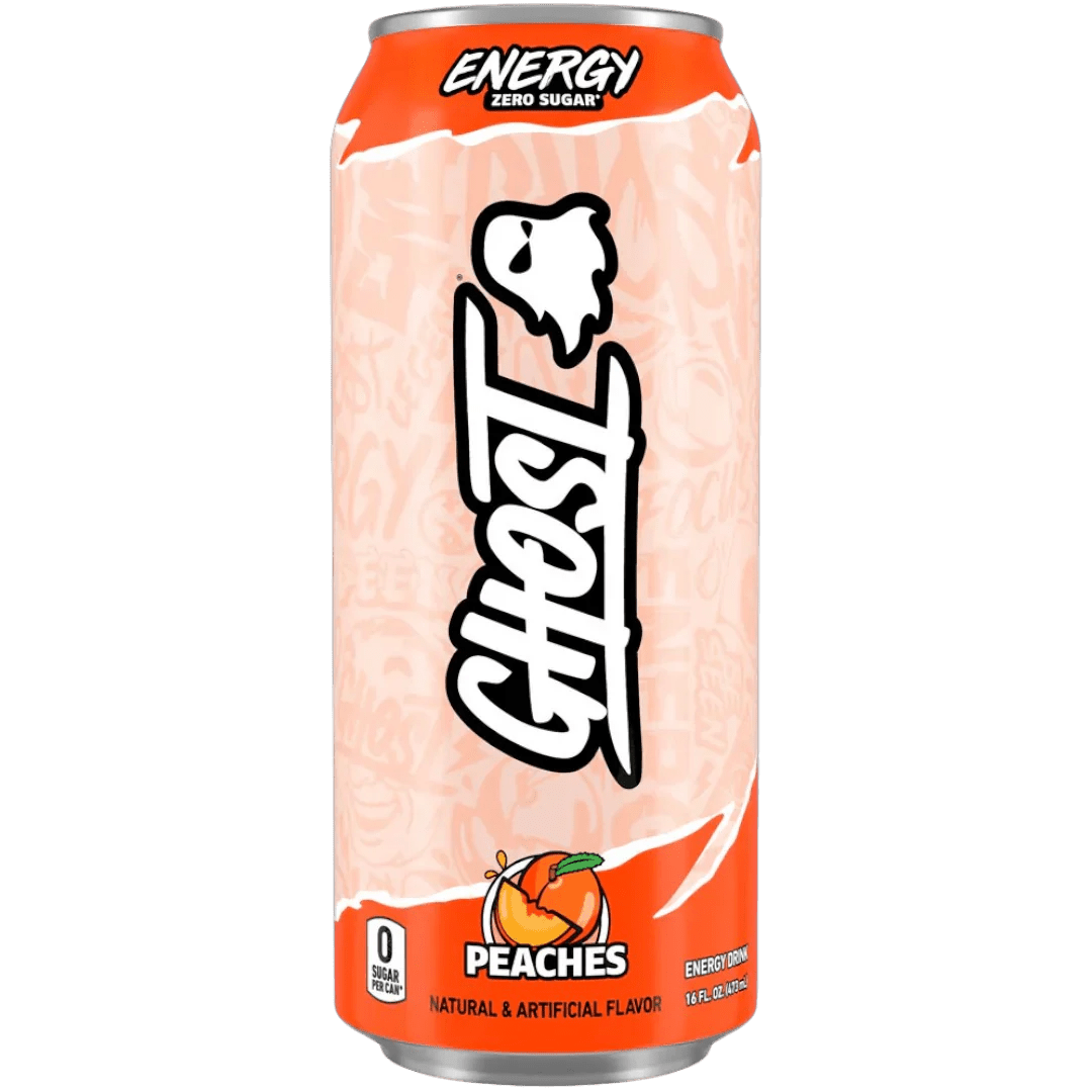 Front of Ghost Energy Peaches can featuring logo, peach flavour label, and 473ml size indication