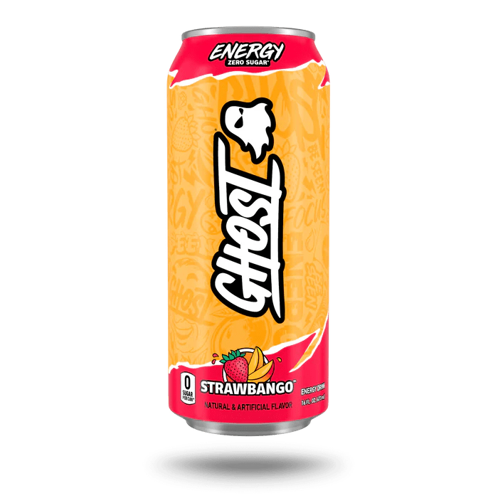 Front of Ghost Energy Strawbango can featuring vibrant colours, logo, and images of strawberries and mangoes (473ml)