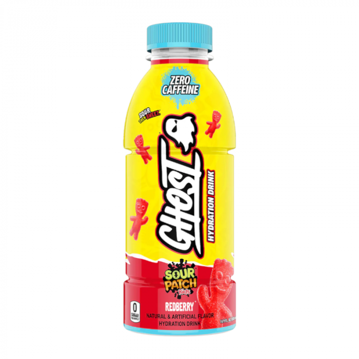 Front of Ghost Hydration Sour Patch Kids Redberry bottle featuring the logo, redberry flavour label, and 500ml size indication.