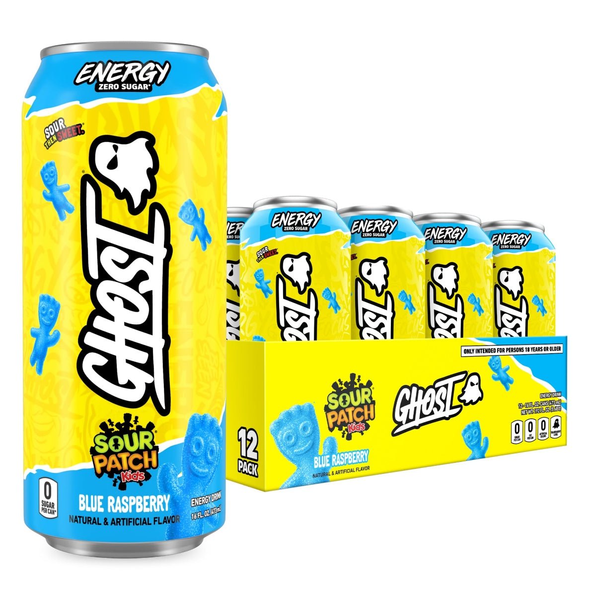 Front of Ghost Sour Patch Kids Blue Raspberry Energy Drink cans with bold yellow label, showing blue raspberry flavour, and packaged as a case of 12 (12 x 473ml)