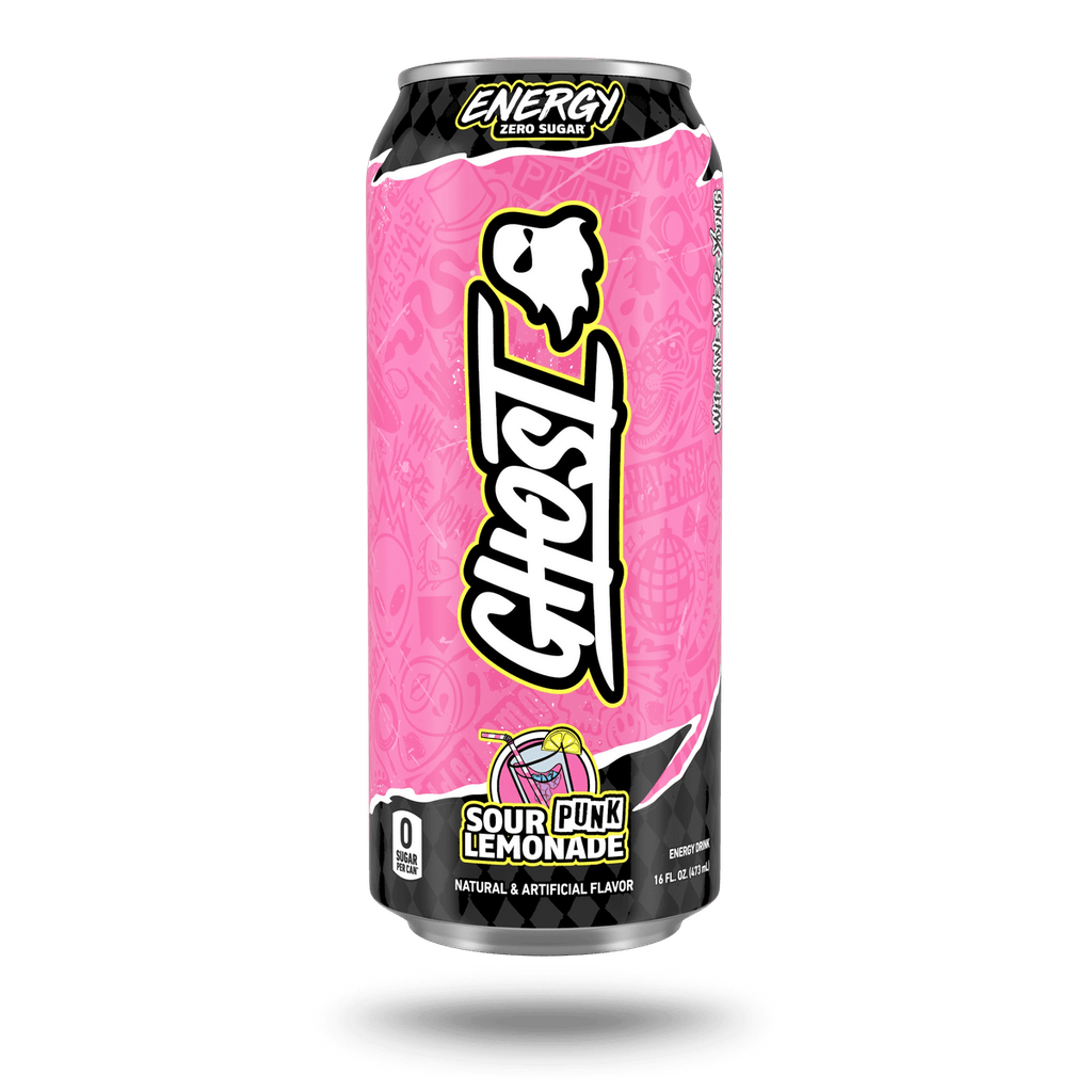 Front of Ghost Sour Punk Lemonade Energy Drink can displaying vibrant pink design, logo, and lemonade flavour label (473ml)